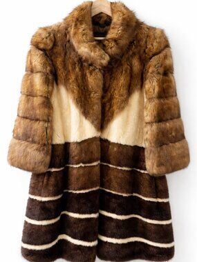 Luxury Genuine Sable Fur Coat – Multi-Tone Brown & Cream Elegant Designer Style